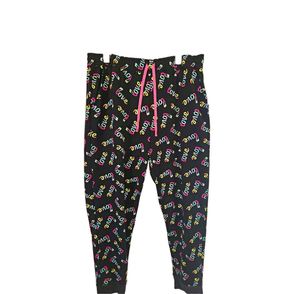 LuLaRoe Women's Plus 3XL Black Multicolor Love Print Jogger Pants Pockets